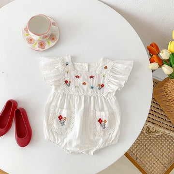 半袖ロンパース ベビー フラワー 刺繍 フリルスリーブ ロンパース【mh0001249】