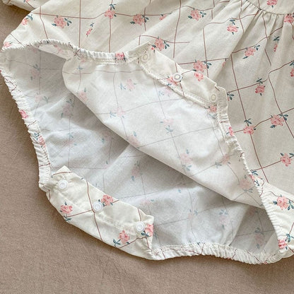 長袖ロンパース ベビー レース襟 フラワー チェック 長袖 ロンパース【mh0001362】