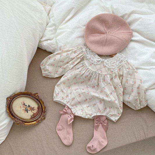 長袖ロンパース ベビー レース襟 フラワー チェック 長袖 ロンパース【mh0001362】