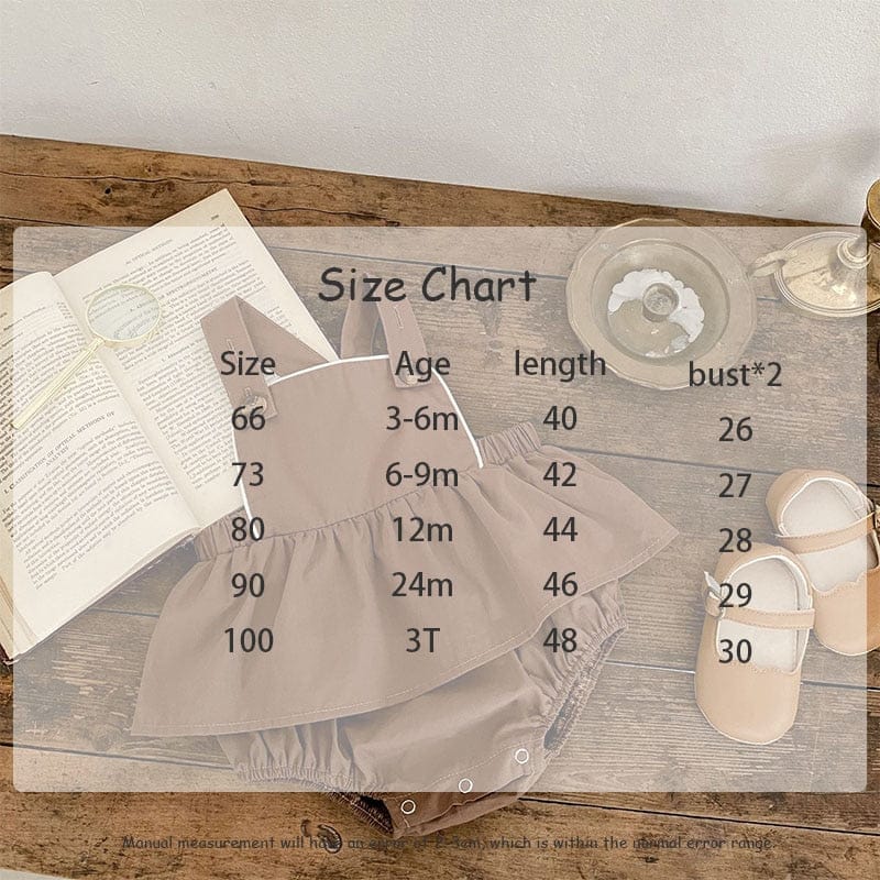 ノースリーブロンパース ベビー ダブルカラー 長袖 ブラウス シャツ サスペンダー スカート ロンパース【mh0001363】