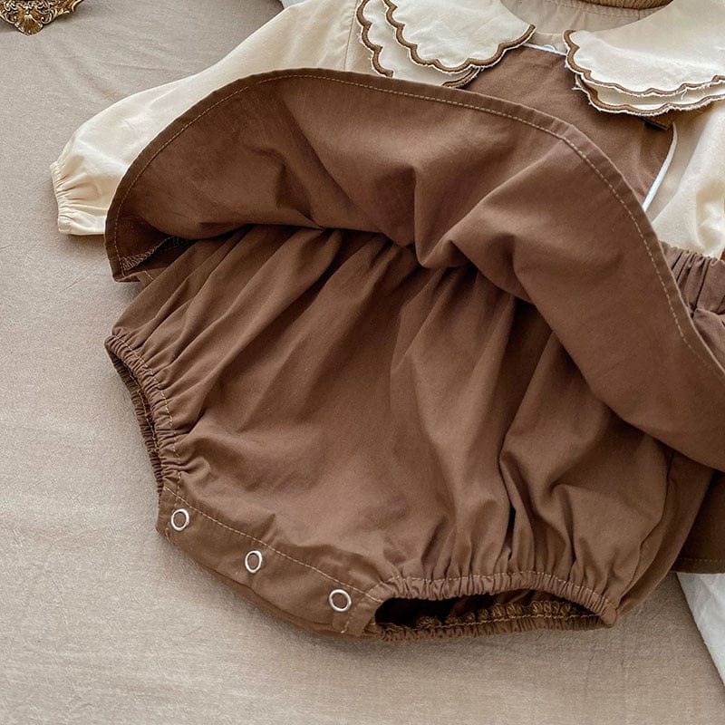 ノースリーブロンパース ベビー ダブルカラー 長袖 ブラウス シャツ サスペンダー スカート ロンパース【mh0001363】