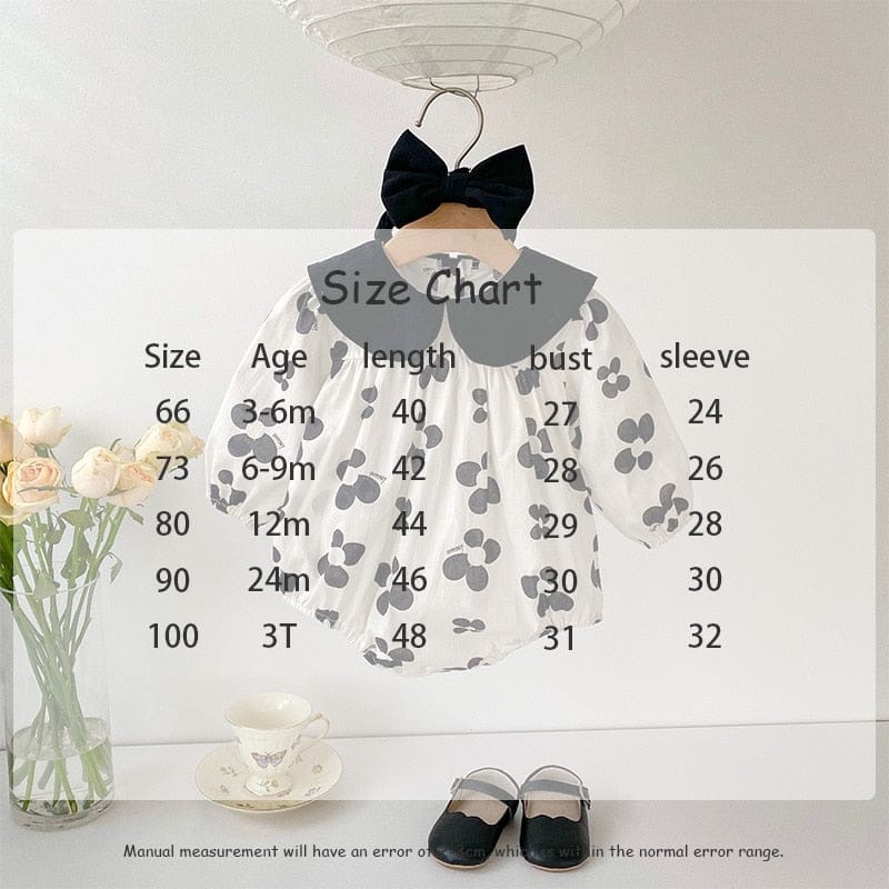 長袖ロンパース ベビー モノトーン レトロフラワー 長袖 ロンパース ヘアバンド セット【mh0001382】