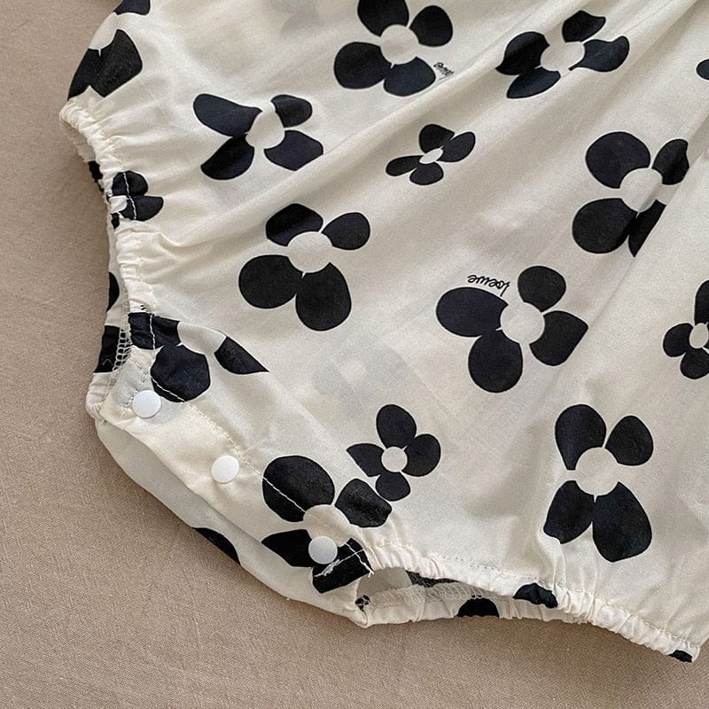 長袖ロンパース ベビー モノトーン レトロフラワー 長袖 ロンパース ヘアバンド セット【mh0001382】