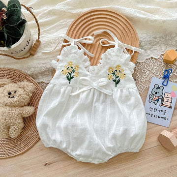 ノースリーブロンパース ベビー フラワー 刺繍 キャミソール タンク ロンパース【mh0001409】