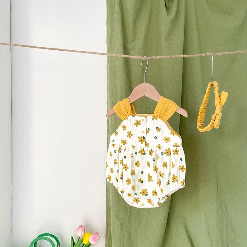 ノースリーブロンパース ベビー フラワー ノースリーブ キャミソール ロンパース リボン ヘアバンド セット【mh0001450】