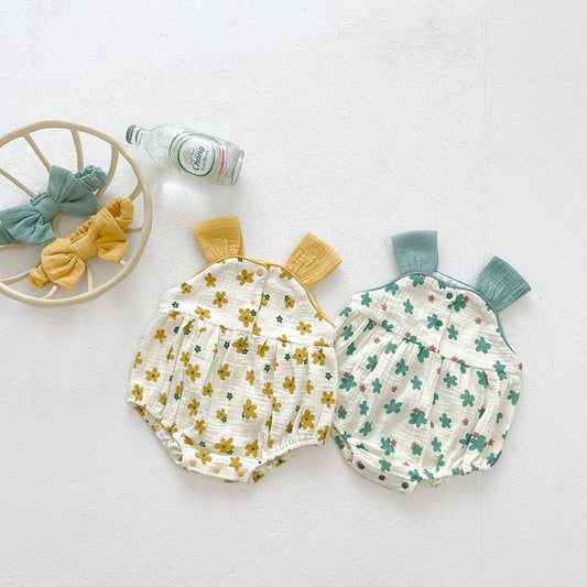 ノースリーブロンパース ベビー フラワー ノースリーブ キャミソール ロンパース リボン ヘアバンド セット【mh0001450】