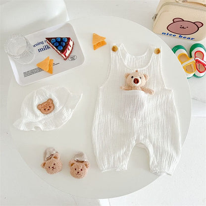 ノースリーブロンパース ベビー くま ベア ノースリーブ ジャンプスーツ 帽子 カーディガン【mh0001467】