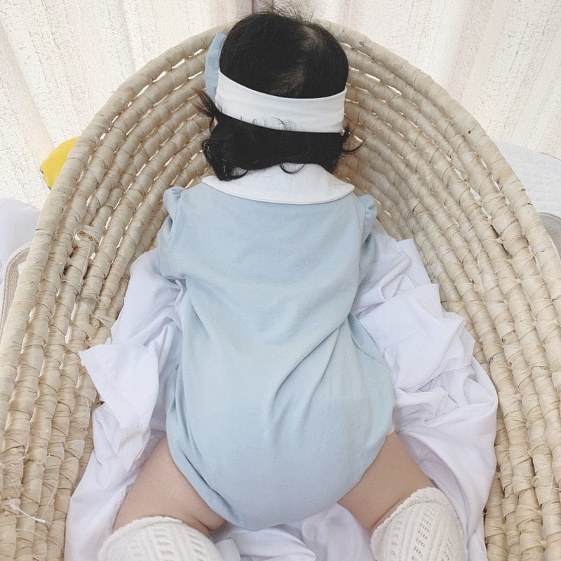 半袖ロンパース ベビー 半袖 パフスリーブ ロンパース リボン ヘアバンド セット【mh0001519】