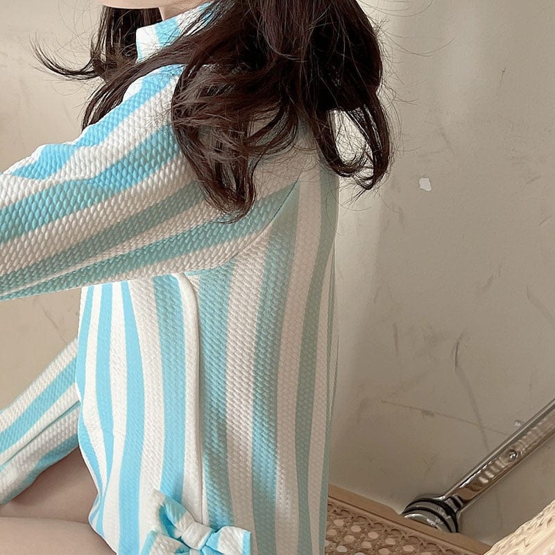 ベビー用水着 キッズ 長袖 ワンピース 水着 ストライプ ラッシュガード スイムウェア 帽子 セット【mh0001521】