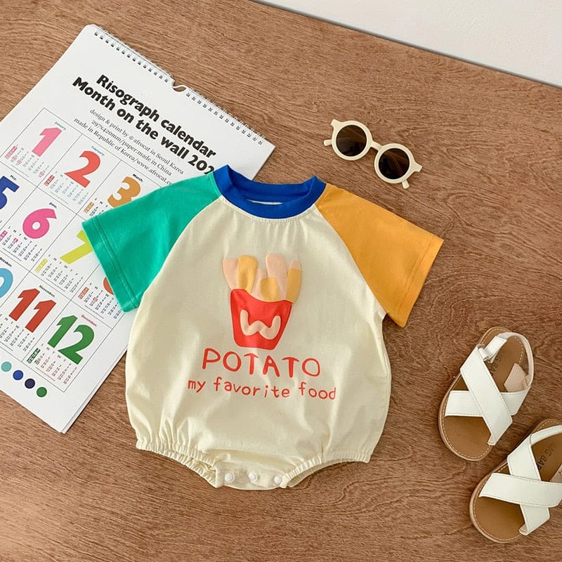 半袖ロンパース ベビー ポテト フレンチフライ パッチワーク 半袖 ルーズ ロンパース【mh0001523】