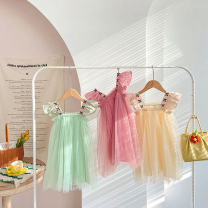 ノースリーブワンピース キッズ チェリー チュチュ チュール フリルスリーブ プリンセス ドレス ワンピース【mh0001536】