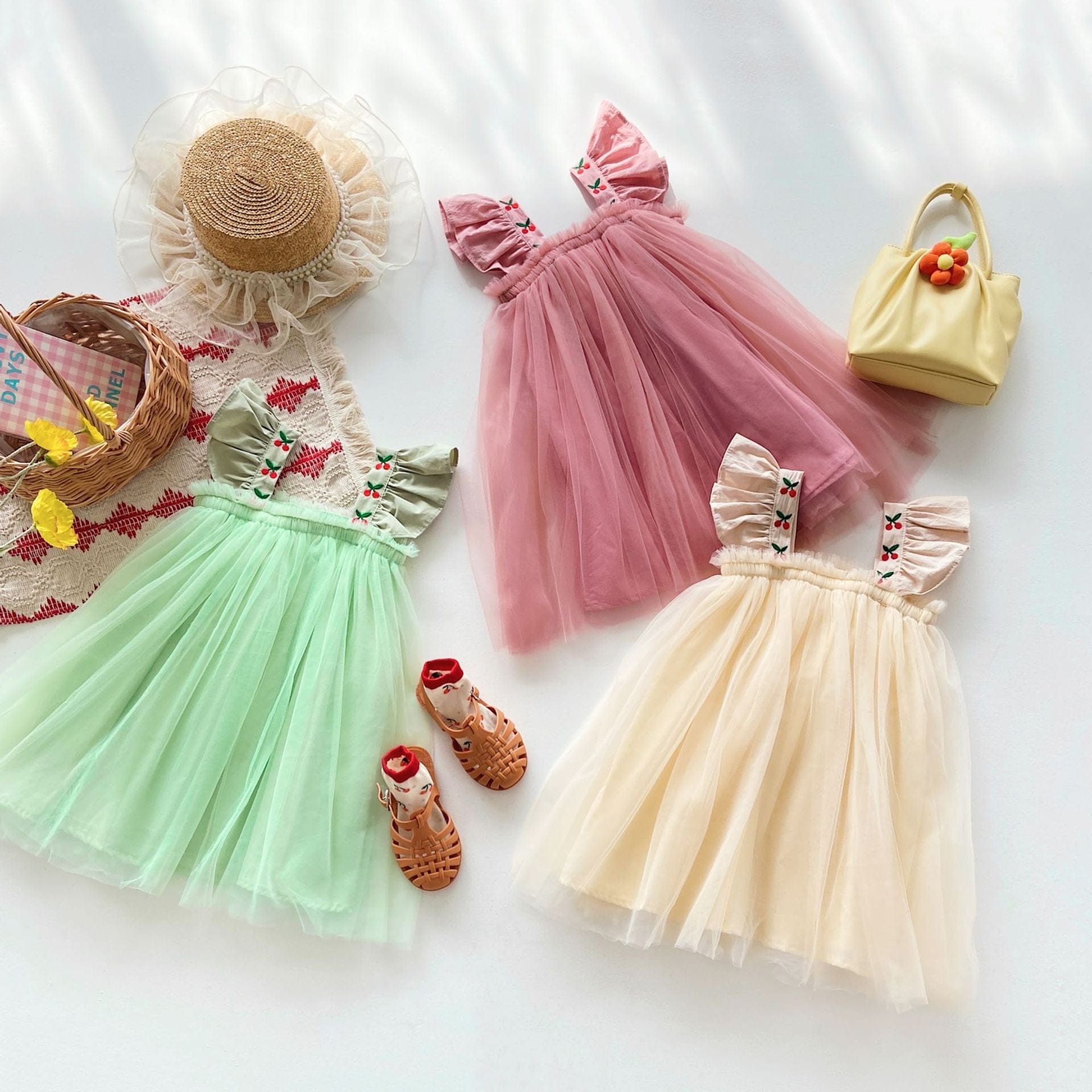 ノースリーブワンピース キッズ チェリー チュチュ チュール フリルスリーブ プリンセス ドレス ワンピース【mh0001536】