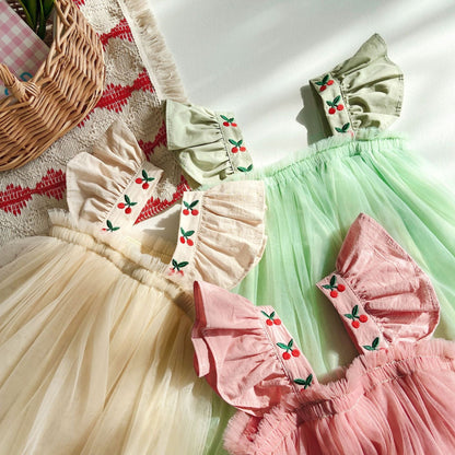 ノースリーブワンピース キッズ チェリー チュチュ チュール フリルスリーブ プリンセス ドレス ワンピース【mh0001536】
