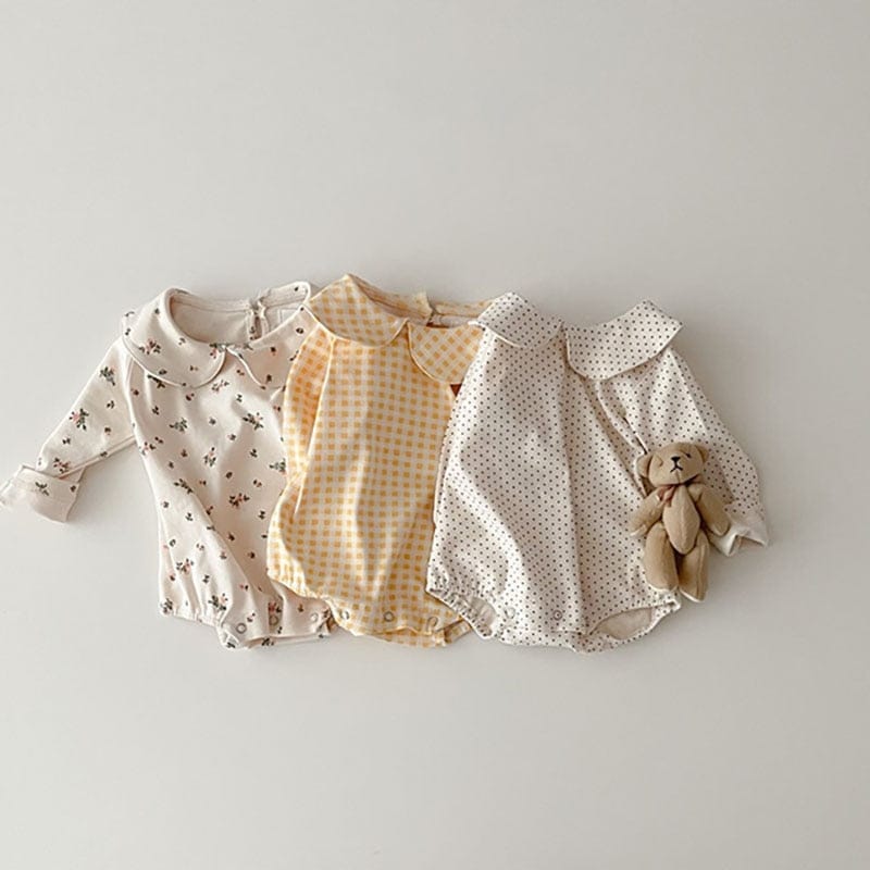 長袖ロンパース ベビー 丸襟 フラワー チェック 無地 長袖 シンプル ロンパース【mh0001564】