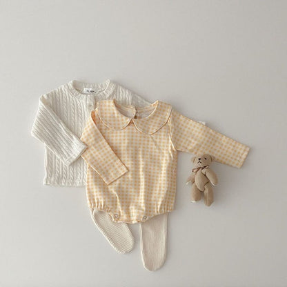 長袖ロンパース ベビー 丸襟 フラワー チェック 無地 長袖 シンプル ロンパース【mh0001564】