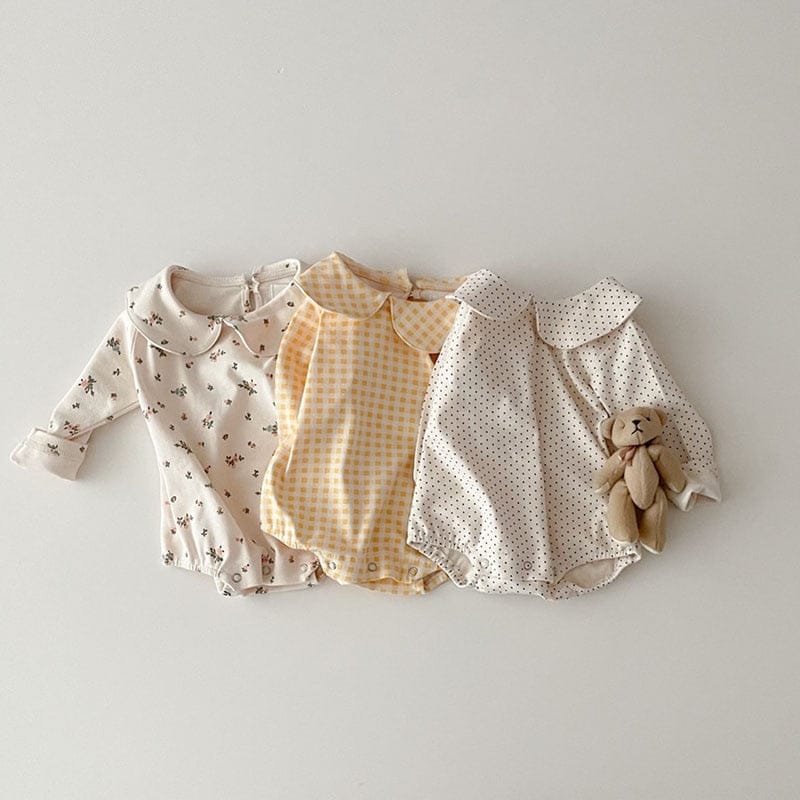 長袖ロンパース ベビー 丸襟 フラワー チェック 無地 長袖 シンプル ロンパース【mh0001564】