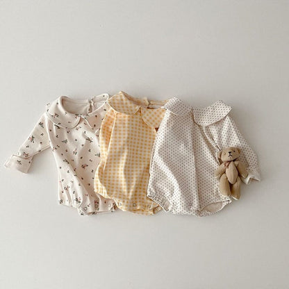 長袖ロンパース ベビー 丸襟 フラワー チェック 無地 長袖 シンプル ロンパース【mh0001564】