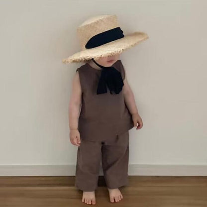 ノースリーブセットアップ キッズ セットアップ ノースリーブ タンクトップ トップス ワイド ルーズ ロングパンツ リゾートスタイル【mh0001736】