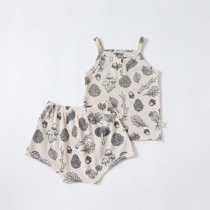 ノースリーブセットアップ ベビー ワッフル ボタニカル セットアップ キャミソール タンクトップ ショートパンツ ブルマパンツ 太陽 幾何学【mh0001763】