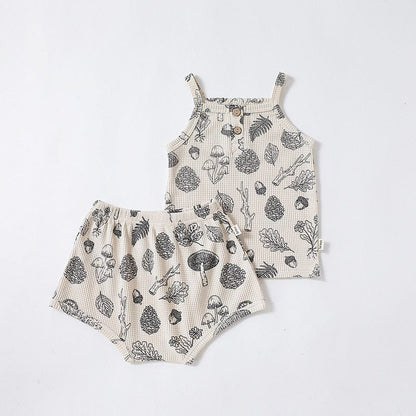 ノースリーブセットアップ ベビー ワッフル ボタニカル セットアップ キャミソール タンクトップ ショートパンツ ブルマパンツ 太陽 幾何学【mh0001763】