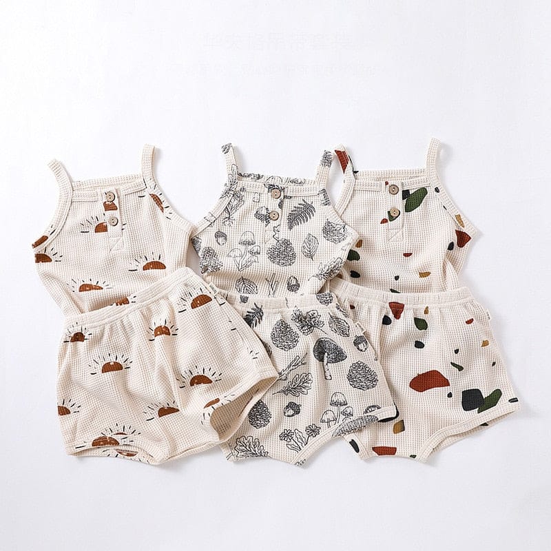 ノースリーブセットアップ ベビー ワッフル ボタニカル セットアップ キャミソール タンクトップ ショートパンツ ブルマパンツ 太陽 幾何学【mh0001763】