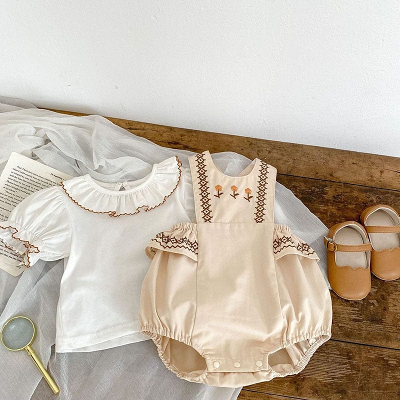 ノースリーブロンパース ベビー 刺繍 ステッチ フラワー ノースリーブ ロンパース 半袖 ブラウス シャツ トップス【mh0001782】