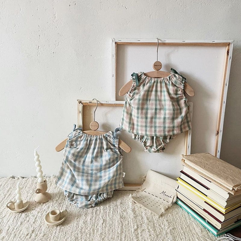 ノースリーブセットアップ ベビー チェック セットアップ ノースリーブ ブラウス ブルマパンツ【mh0001839】