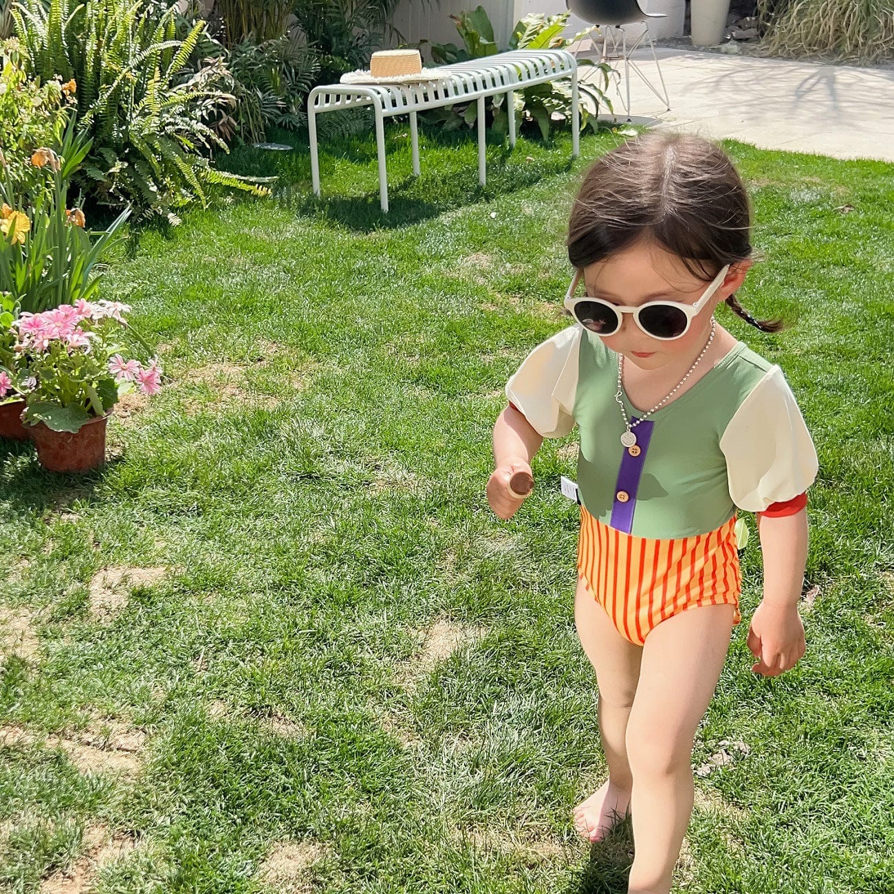 ベビー用水着 キッズ 水着 パッチワーク 半袖 切り替え ワンピース ガールズ スイムウェア【mh0001863】