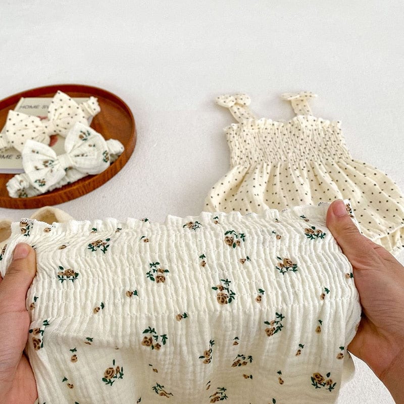 ノースリーブロンパース ベビー フラワー 花柄 水玉 ピンドット シャーリング キャミソール ロンパース リボンヘアバンド セット【mh0001864】