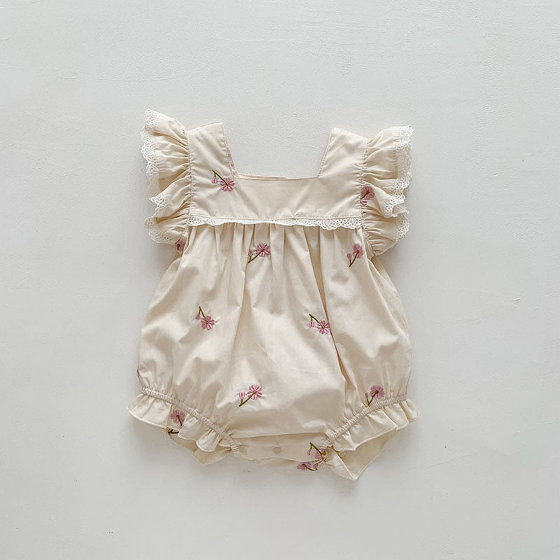 ノースリーブロンパース ベビー フラワー 花柄 刺繍 フリルスリーブ ロンパース【mh0001865】