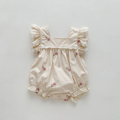 ノースリーブロンパース ベビー フラワー 花柄 刺繍 フリルスリーブ ロンパース【mh0001865】