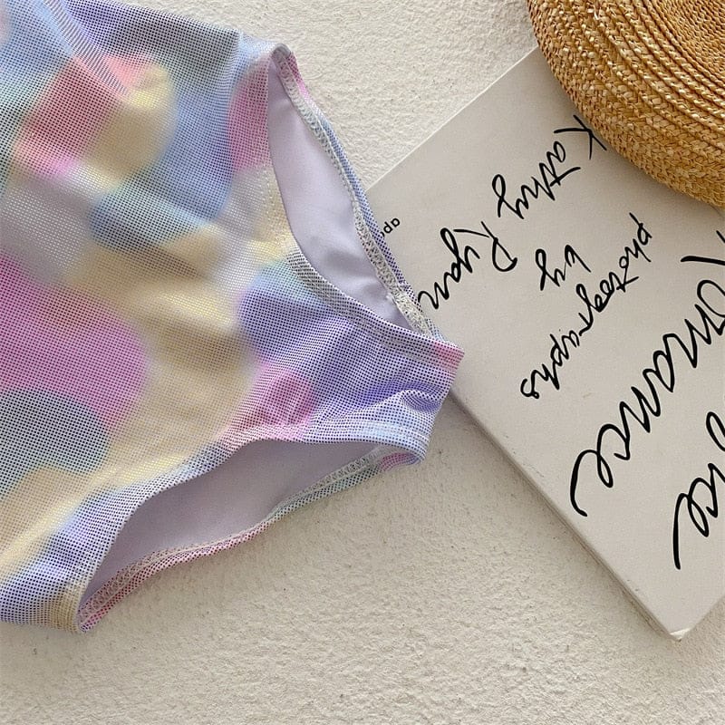 ベビー用水着 キッズ 水着 ワンピース レインボー フリル リボン 帽子 セット スイムウェア【mh0001890】