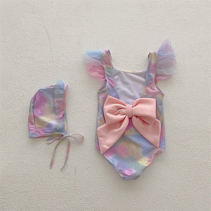 ベビー用水着 キッズ 水着 ワンピース レインボー フリル リボン 帽子 セット スイムウェア【mh0001890】