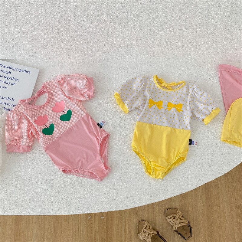 ベビー用水着 キッズ 水着 ワンピース リボン チューリップ 帽子 セット スイムウェア【mh0001892】