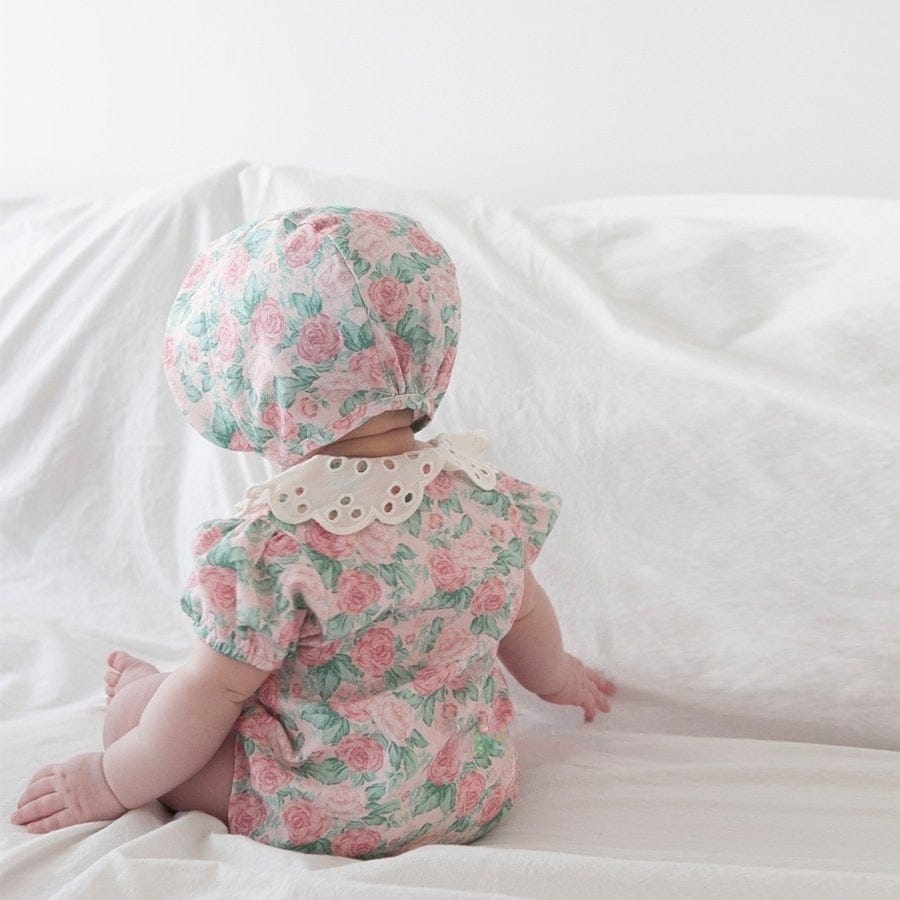 半袖ロンパース ベビー ローズ フラワー レースカラー 半袖 ロンパース ボンネット 帽子 セット【mh0001943】