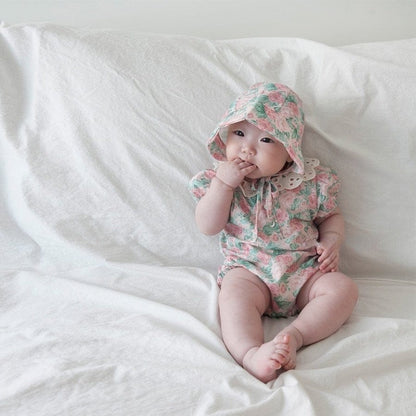 半袖ロンパース ベビー ローズ フラワー レースカラー 半袖 ロンパース ボンネット 帽子 セット【mh0001943】