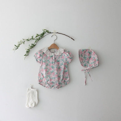 半袖ロンパース ベビー ローズ フラワー レースカラー 半袖 ロンパース ボンネット 帽子 セット【mh0001943】