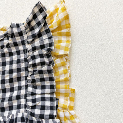 ノースリーブセットアップ ベビー ギンガム チェック フリル ノースリーブ ロンパース リボン ヘアバンド セット【mh0001961】