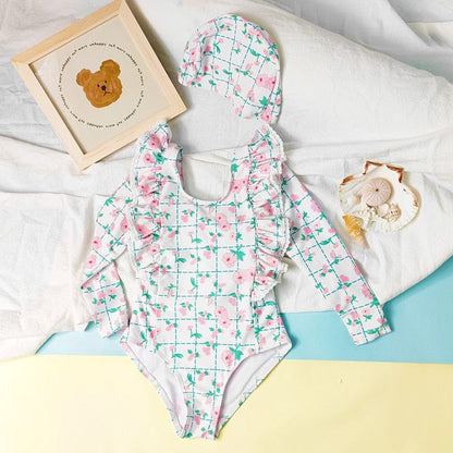 ベビー用水着 キッズ 水着 長袖 ワンピース フリル フラワー 花柄 チェック スイムウェア 帽子 セット ガールズ【mh0001992】