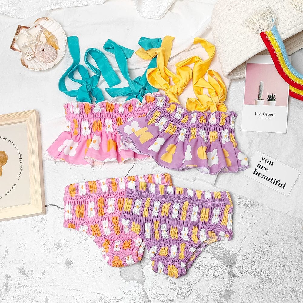 ベビー用水着 キッズ 水着 セパレート ビキニ レトロフラワー スイムウェア パープル ピンク ガールズ【mh0002008】