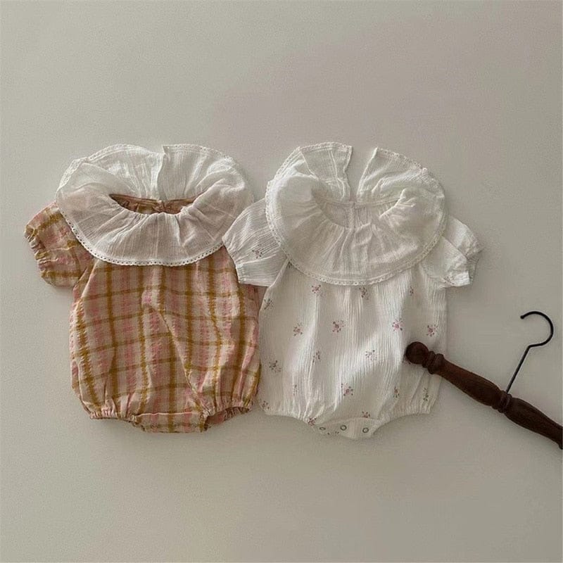 半袖ロンパース ベビー フラワー 小花柄 チェック フリルカラー 半袖 ロンパース ホワイト イエローピンク ガールズ【mh0002041】