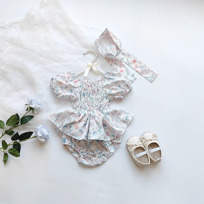 半袖ロンパース ベビー フラワー 花柄 シャーリング スカート 半袖 ロンパース ドレス リボン セット ガールズ【mh0002073】