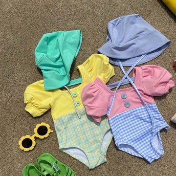 ベビー用水着 キッズ 水着 チェック ドッキング パフスリーブ 半袖 ワンピース 帽子 セット スイムウェア ガールズ【mh0002171】