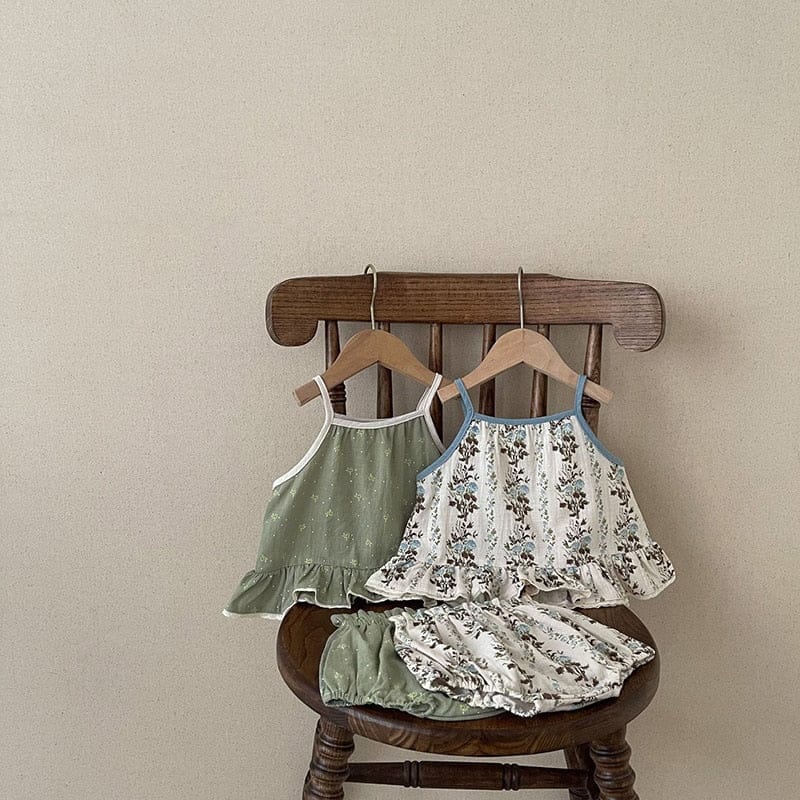 ノースリーブセットアップ ベビー セットアップ フラワー 小花柄 フリル キャミソール チュニックブラウス ブルマパンツ ベージュ グリーン ガールズ【mh0002257】