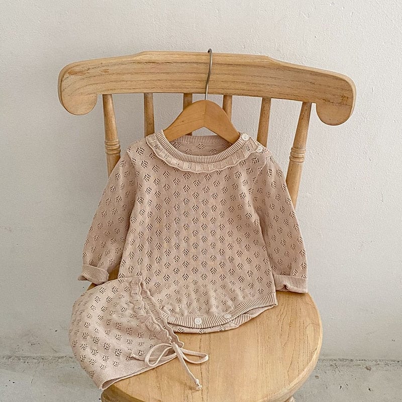 長袖ロンパース Pink / 6M/66cm ベビー レースニット 長袖 ロンパース ボンネット 帽子 セット