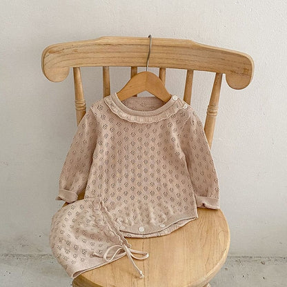 長袖ロンパース Pink / 6M/66cm ベビー レースニット 長袖 ロンパース ボンネット 帽子 セット