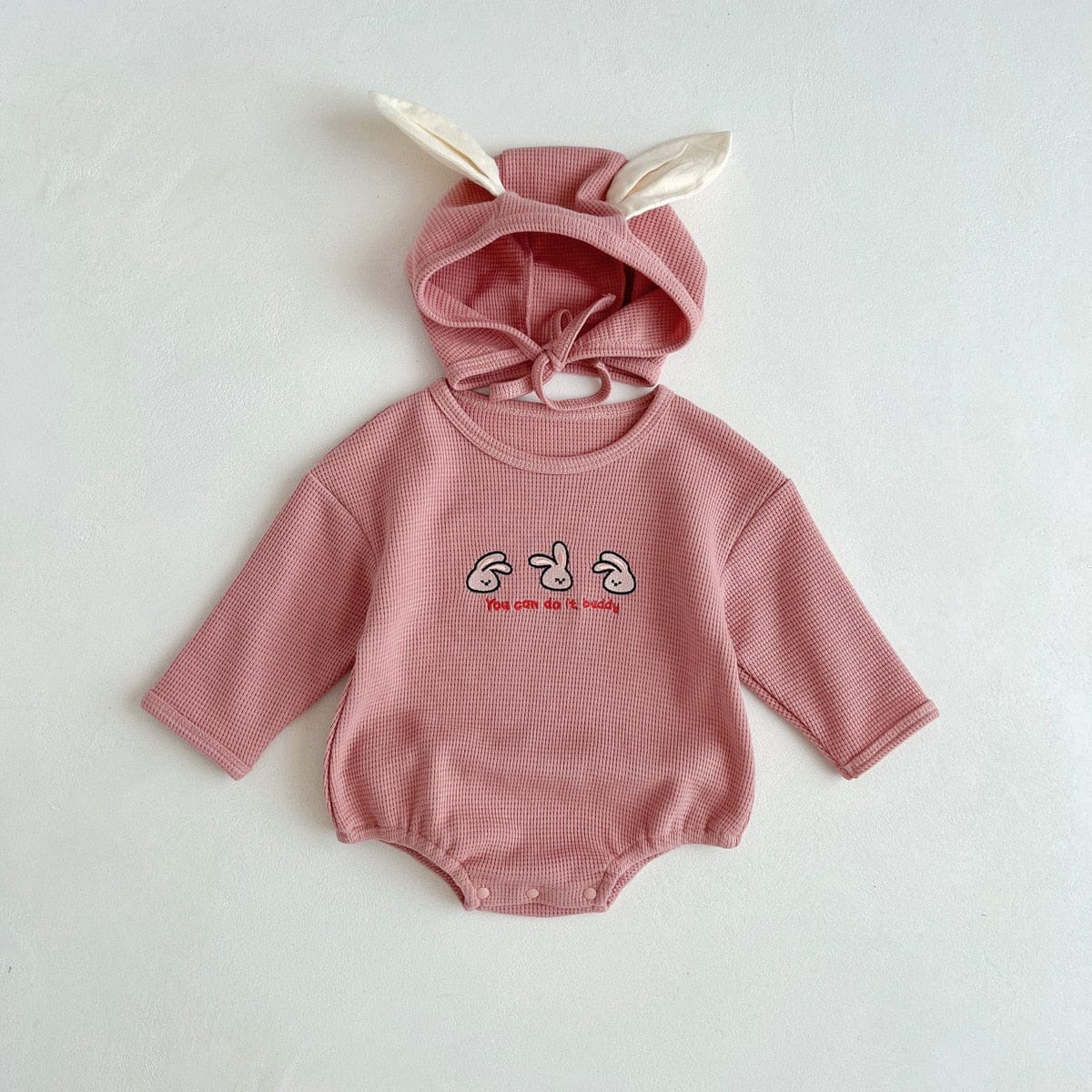 長袖ロンパース Pink / 6M 66cm ベビー ワッフル くま ベア うさぎ バニー 恐竜 長袖 ロンパース 耳付き 帽子 セット