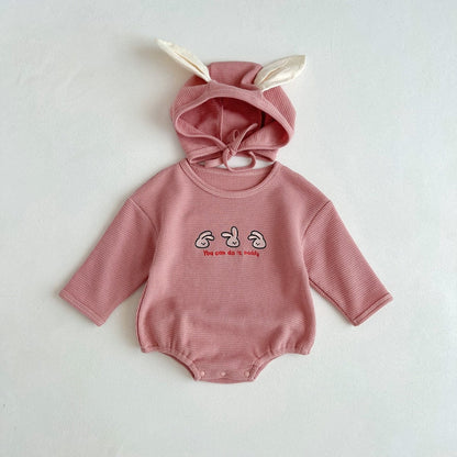 長袖ロンパース Pink / 6M 66cm ベビー ワッフル くま ベア うさぎ バニー 恐竜 長袖 ロンパース 耳付き 帽子 セット