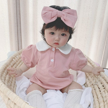 半袖ロンパース Pink / 6M 66cm ベビー 半袖 パフスリーブ ロンパース リボン ヘアバンド セット【mh0001519】
