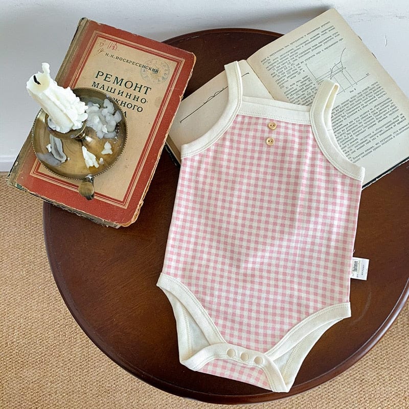 タンクトップ・キャミソール・ノースリーブトップス Pink / 6M 66cm ベビー ギンガム チェック ノースリーブ キャミソール ベーシック ロンパース【mh0001676】